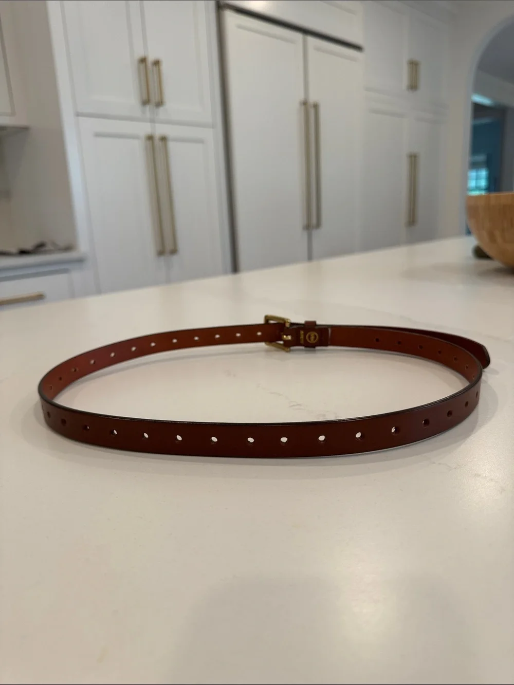 Brown J Crew Perforated Italian Leather Belt with Gold Buckle
